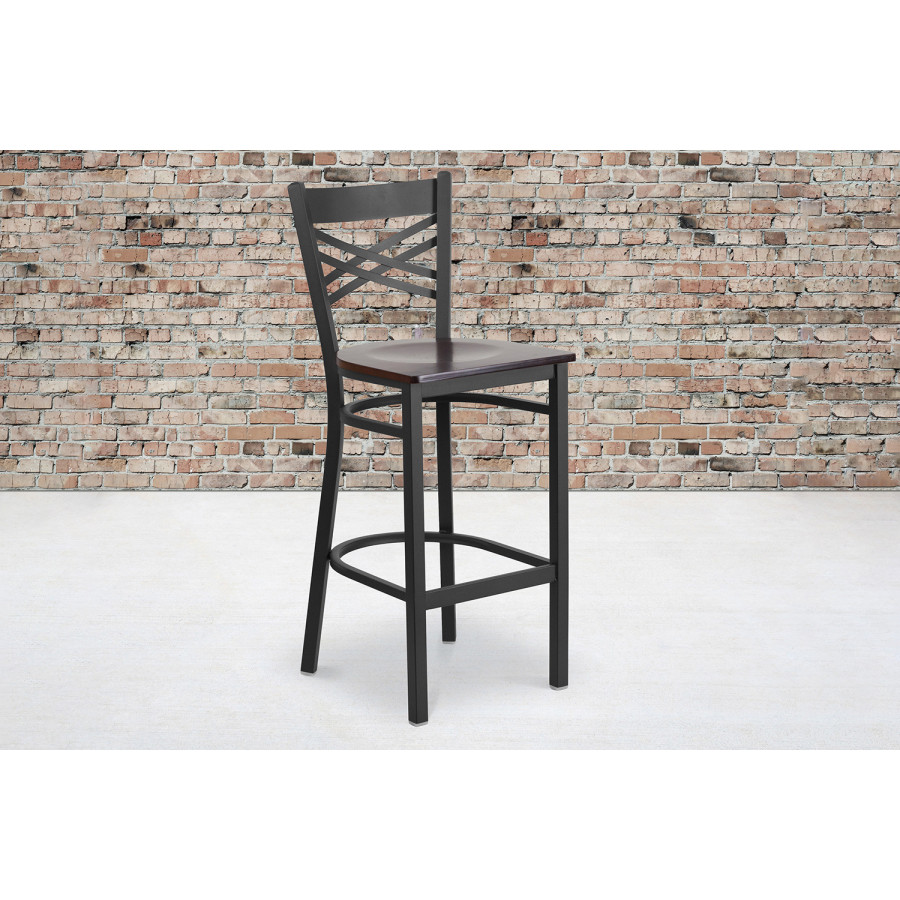 BLNK HERCULES Series Black Metal "X" Back Restaurant Bar Stool with Wood Seat - Walnut
