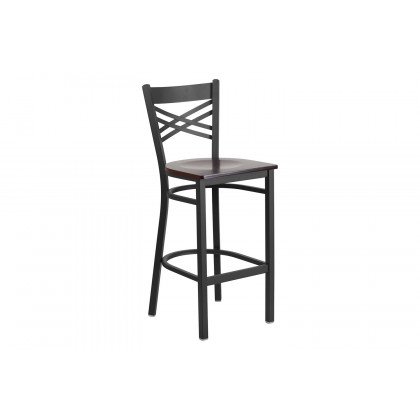 BLNK HERCULES Series Black Metal "X" Back Restaurant Bar Stool with Wood Seat - Walnut