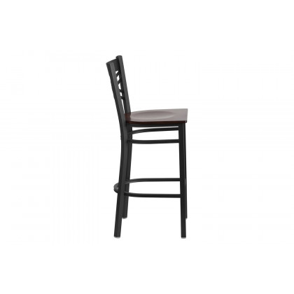 BLNK HERCULES Series Black Metal "X" Back Restaurant Bar Stool with Wood Seat - Walnut