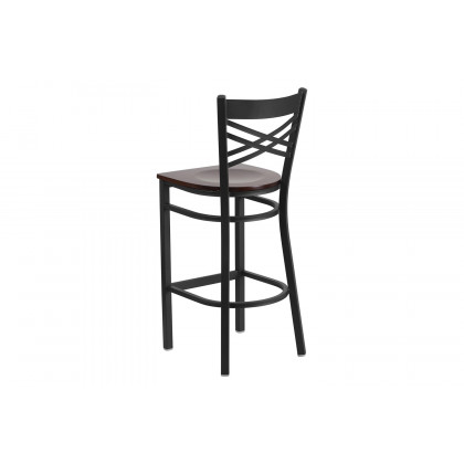 BLNK HERCULES Series Black Metal "X" Back Restaurant Bar Stool with Wood Seat - Walnut