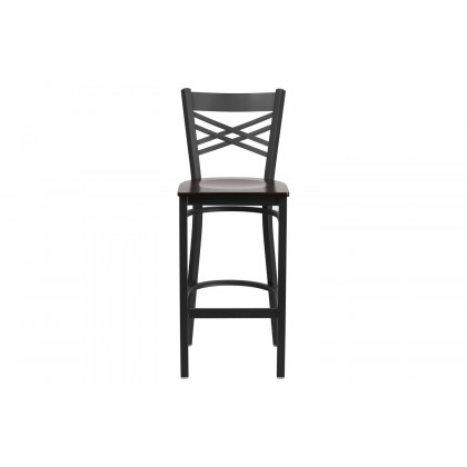 BLNK HERCULES Series Black Metal "X" Back Restaurant Bar Stool with Wood Seat - Walnut