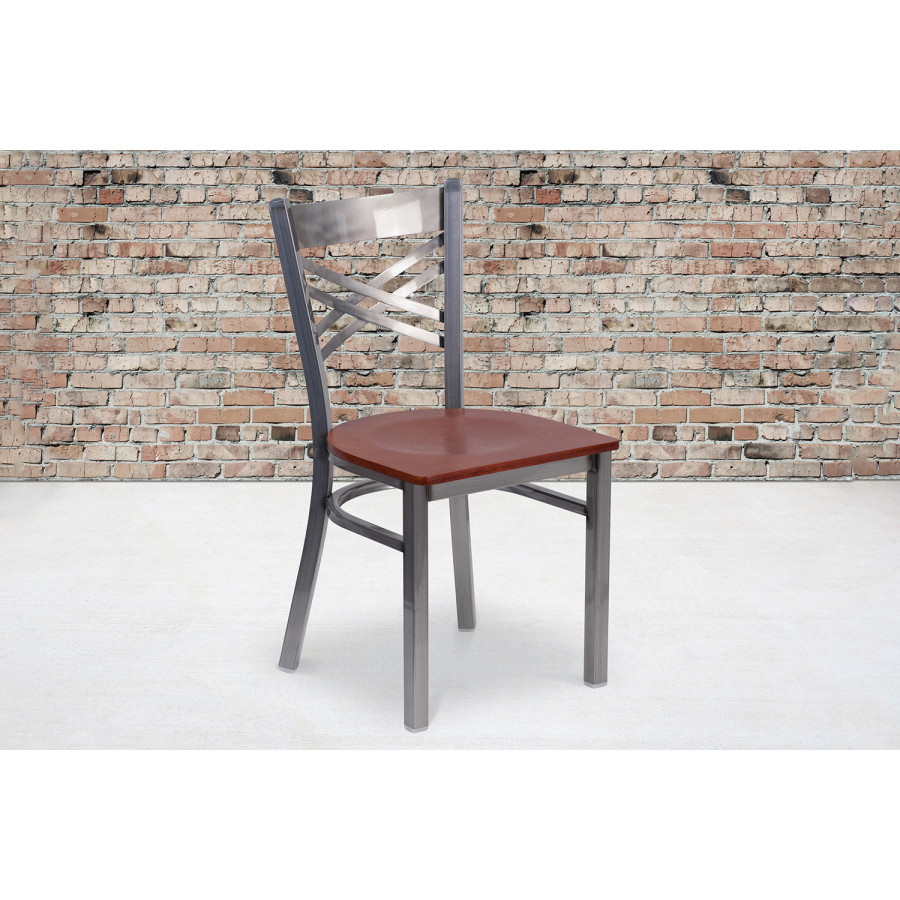 BLNK HERCULES Series Clear Coated Metal X Back Restaurant Chair with Wood Seat - Cherry