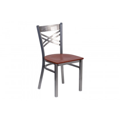 BLNK HERCULES Series Clear Coated Metal X Back Restaurant Chair with Wood Seat - Cherry