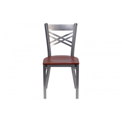 BLNK HERCULES Series Clear Coated Metal X Back Restaurant Chair with Wood Seat - Cherry