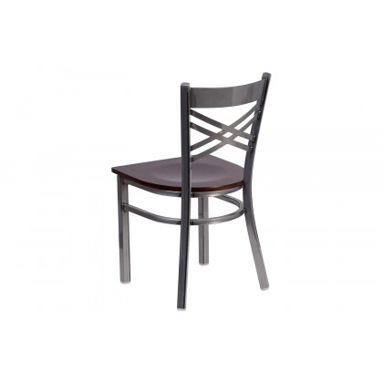 BLNK HERCULES Series Clear Coated Metal X Back Restaurant Chair with Wood Seat - Walnut