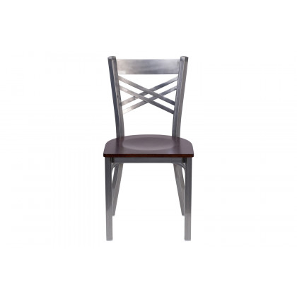 BLNK HERCULES Series Clear Coated Metal X Back Restaurant Chair with Wood Seat - Walnut