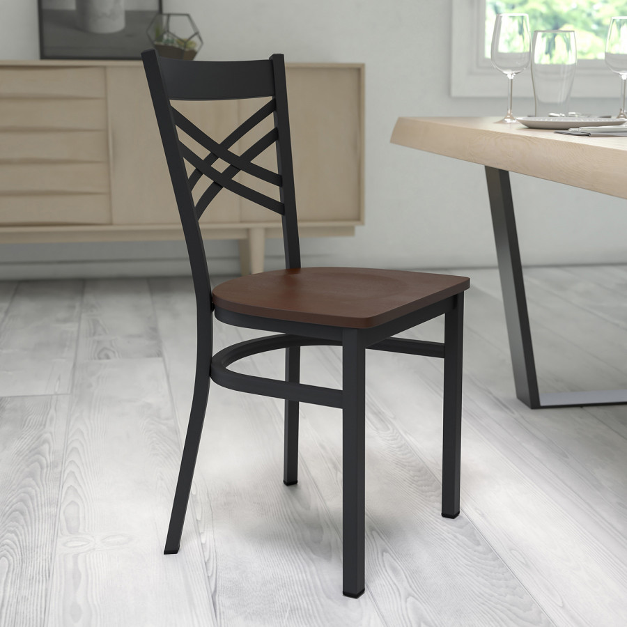 BLNK HERCULES Series Black Metal X" Back Restaurant Chair with Wood Seat - Mahogany