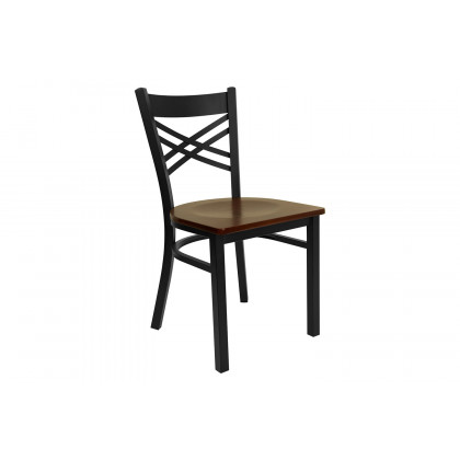 BLNK HERCULES Series Black Metal X" Back Restaurant Chair with Wood Seat - Mahogany