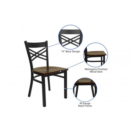 BLNK HERCULES Series Black Metal X" Back Restaurant Chair with Wood Seat - Mahogany