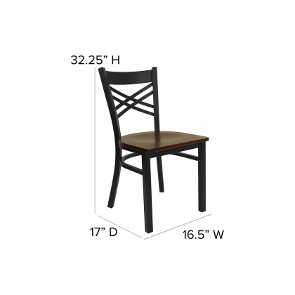 BLNK HERCULES Series Black Metal X" Back Restaurant Chair with Wood Seat - Mahogany