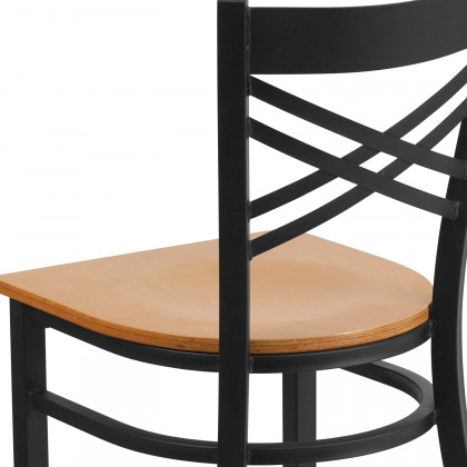 BLNK HERCULES Series Black Metal X" Back Restaurant Chair with Wood Seat - Natural