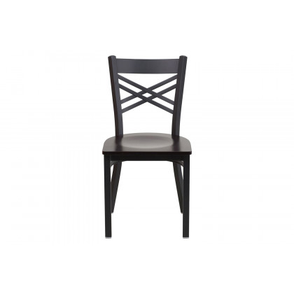 BLNK HERCULES Series Black Metal X" Back Restaurant Chair with Wood Seat - Walnut
