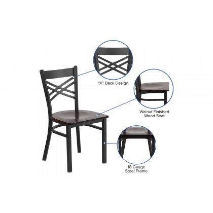 BLNK HERCULES Series Black Metal X" Back Restaurant Chair with Wood Seat - Walnut