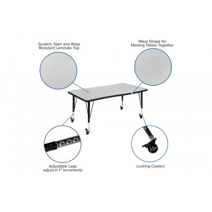 BLNK Wren Mobile Rectangular Thermal Laminate Wave Flexible Collaborative Activity Table - Gray, 28"W x 47.5"L, with Short Height Adjustable Legs