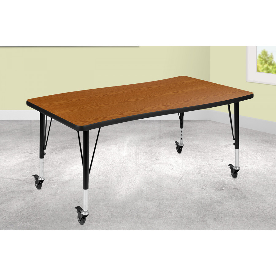 BLNK Wren Mobile Rectangular Thermal Laminate Wave Flexible Collaborative Activity Table - Oak, 28"W x 47.5"L, with Short Height Adjustable Legs