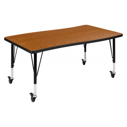 BLNK Wren Mobile Rectangular Thermal Laminate Wave Flexible Collaborative Activity Table - Oak, 28"W x 47.5"L, with Short Height Adjustable Legs