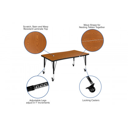 BLNK Wren Mobile Rectangular Thermal Laminate Wave Flexible Collaborative Activity Table - Oak, 28"W x 47.5"L, with Short Height Adjustable Legs