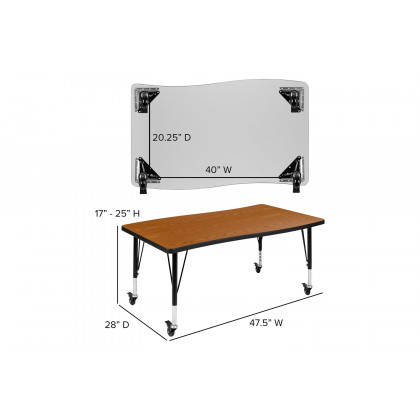 BLNK Wren Mobile Rectangular Thermal Laminate Wave Flexible Collaborative Activity Table - Oak, 28"W x 47.5"L, with Short Height Adjustable Legs