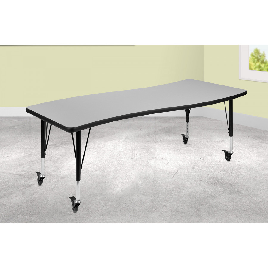 BLNK Wren Mobile Rectangular Thermal Laminate Wave Flexible Collaborative Activity Table - Gray, 26"W x 60"L, with Short Height Adjustable Legs