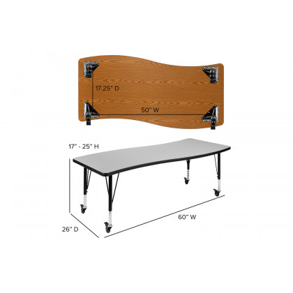 BLNK Wren Mobile Rectangular Thermal Laminate Wave Flexible Collaborative Activity Table - Gray, 26"W x 60"L, with Short Height Adjustable Legs