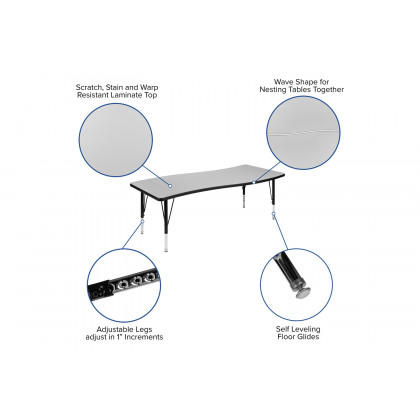 BLNK Wren Rectangular Thermal Laminate Wave Flexible Collaborative Activity Table - Gray, 26"W x 60"L, with Short Height Adjustable Legs