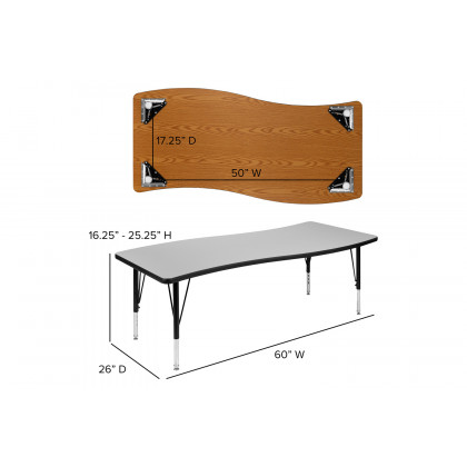 BLNK Wren Rectangular Thermal Laminate Wave Flexible Collaborative Activity Table - Gray, 26"W x 60"L, with Short Height Adjustable Legs