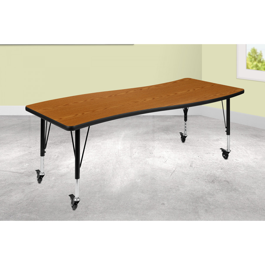 BLNK Wren Mobile Rectangular Thermal Laminate Wave Flexible Collaborative Activity Table - Oak, 26"W x 60"L, with Short Height Adjustable Legs