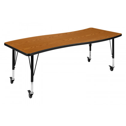 BLNK Wren Mobile Rectangular Thermal Laminate Wave Flexible Collaborative Activity Table - Oak, 26"W x 60"L, with Short Height Adjustable Legs