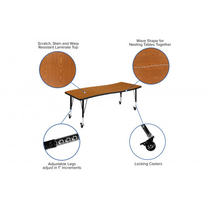 BLNK Wren Mobile Rectangular Thermal Laminate Wave Flexible Collaborative Activity Table - Oak, 26"W x 60"L, with Short Height Adjustable Legs