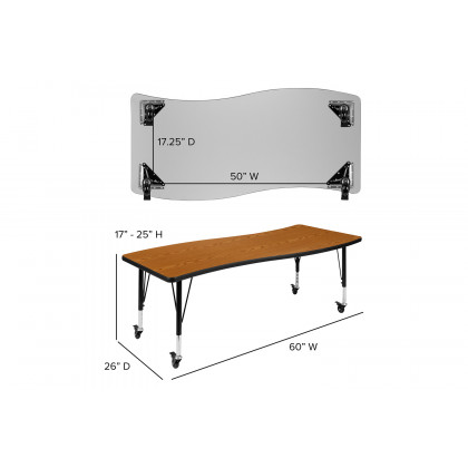 BLNK Wren Mobile Rectangular Thermal Laminate Wave Flexible Collaborative Activity Table - Oak, 26"W x 60"L, with Short Height Adjustable Legs