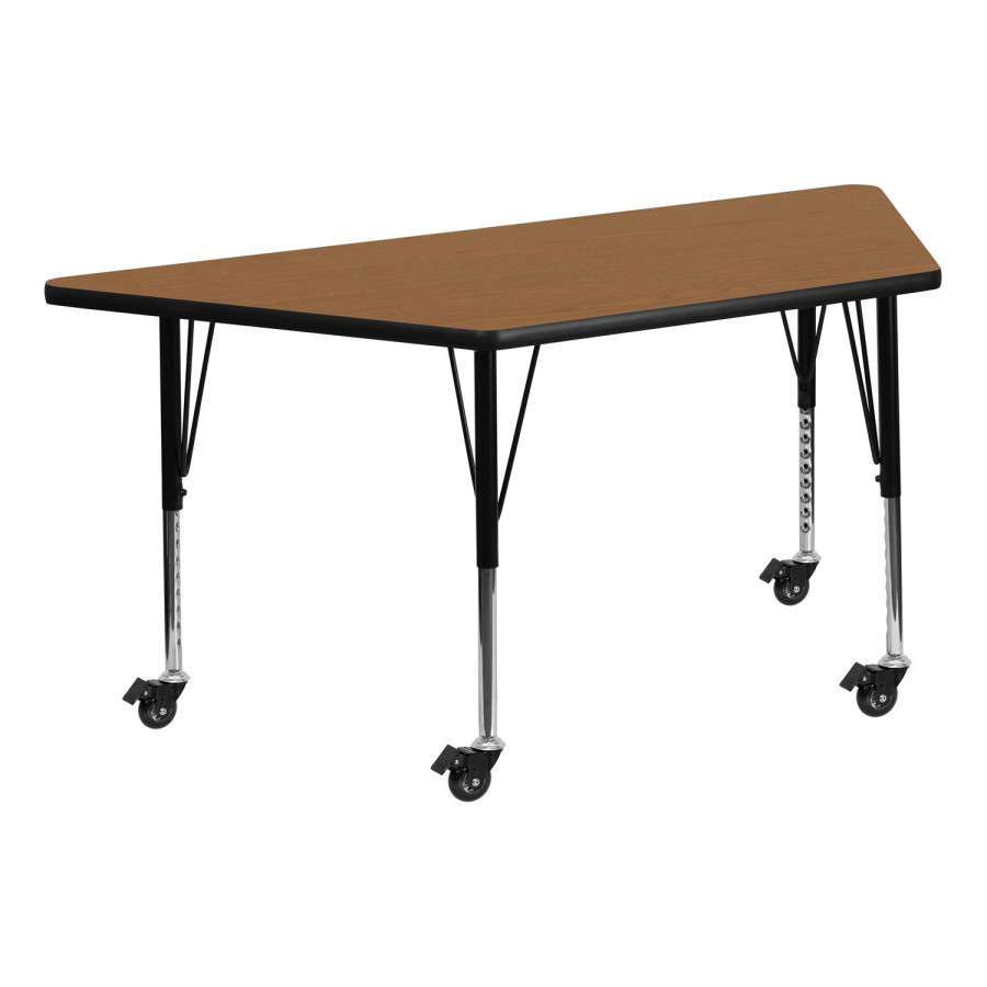 BLNK Wren Mobile Trapezoid Thermal Laminate Activity Table - Oak, with Short Height Adjustable Legs