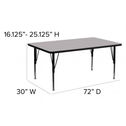 BLNK Wren Rectangular Thermal Laminate Activity Table - Gray, 30"W x 72"L, with Short Height Adjustable Legs
