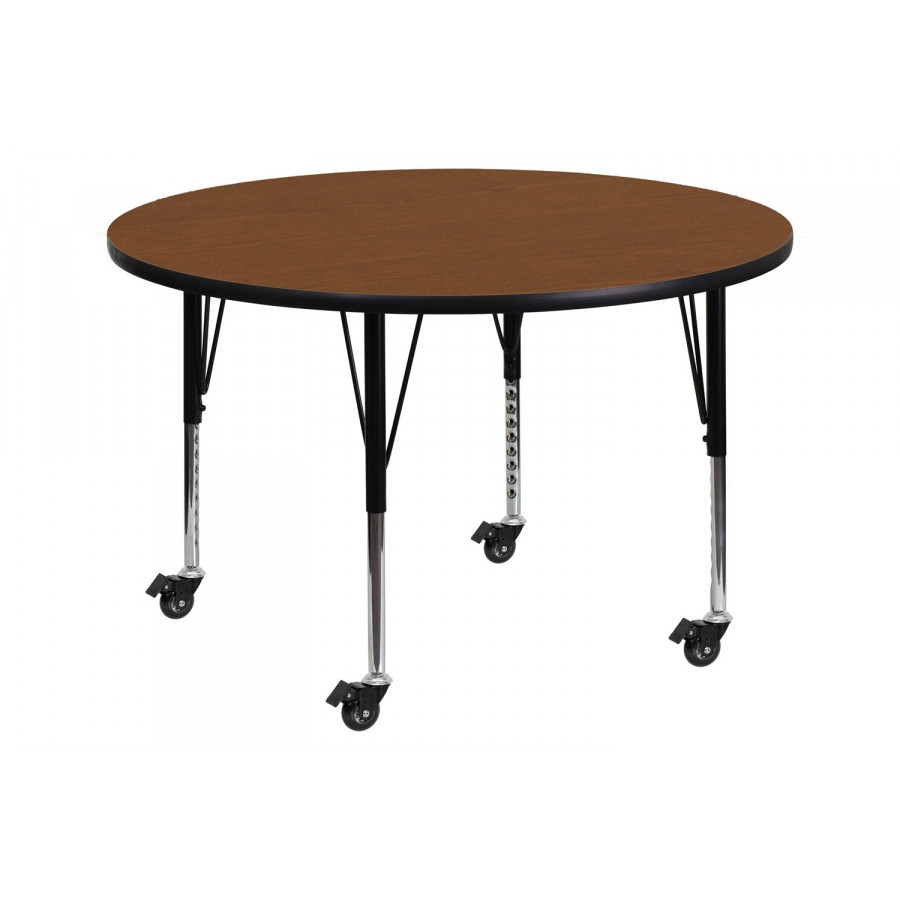 BLNK Wren Mobile Round HP Laminate Activity Table - Oak, 42"D, with Short Height Adjustable Legs