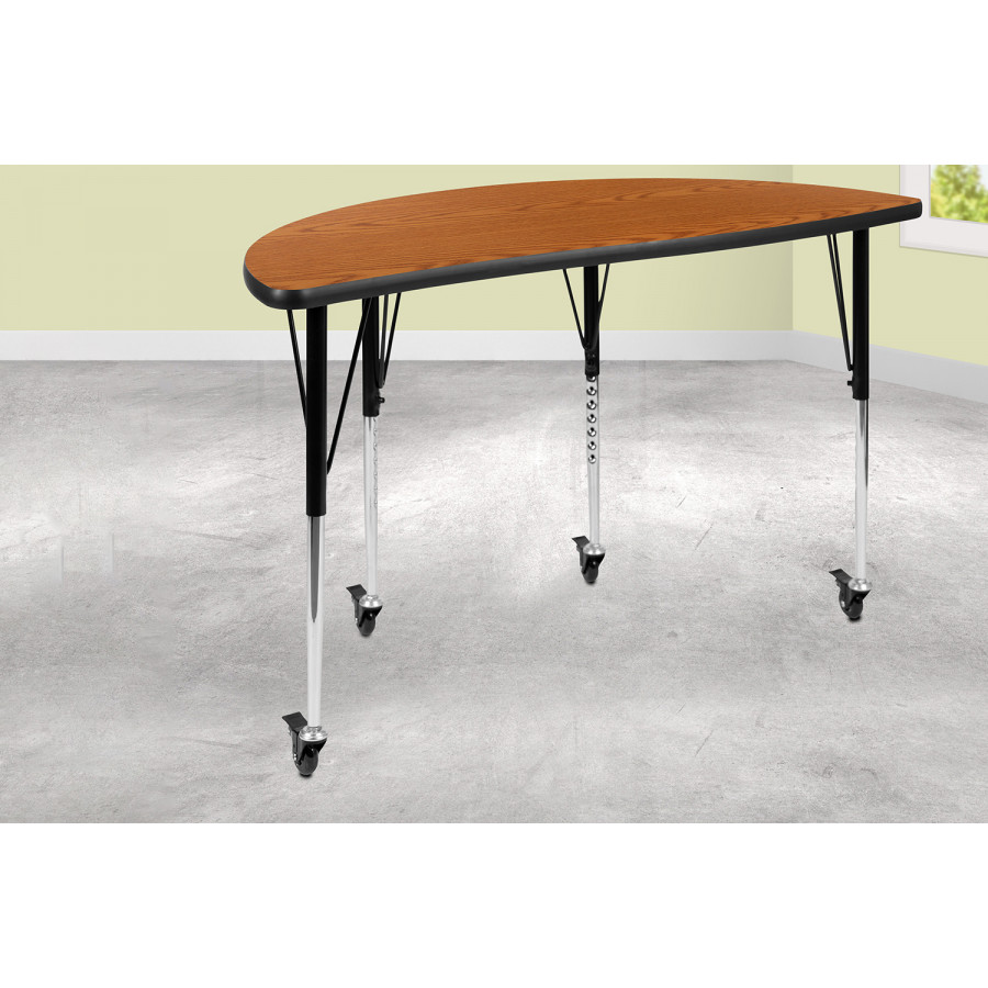 BLNK Wren Mobile Half Circle Thermal Laminate Wave Flexible Collaborative Activity Table - Oak, 47.5"D, with Standard Height Adjustable Legs