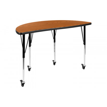 BLNK Wren Mobile Half Circle Thermal Laminate Wave Flexible Collaborative Activity Table - Oak, 47.5"D, with Standard Height Adjustable Legs