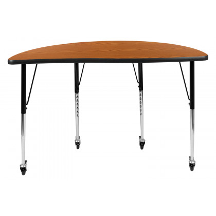 BLNK Wren Mobile Half Circle Thermal Laminate Wave Flexible Collaborative Activity Table - Oak, 47.5"D, with Standard Height Adjustable Legs