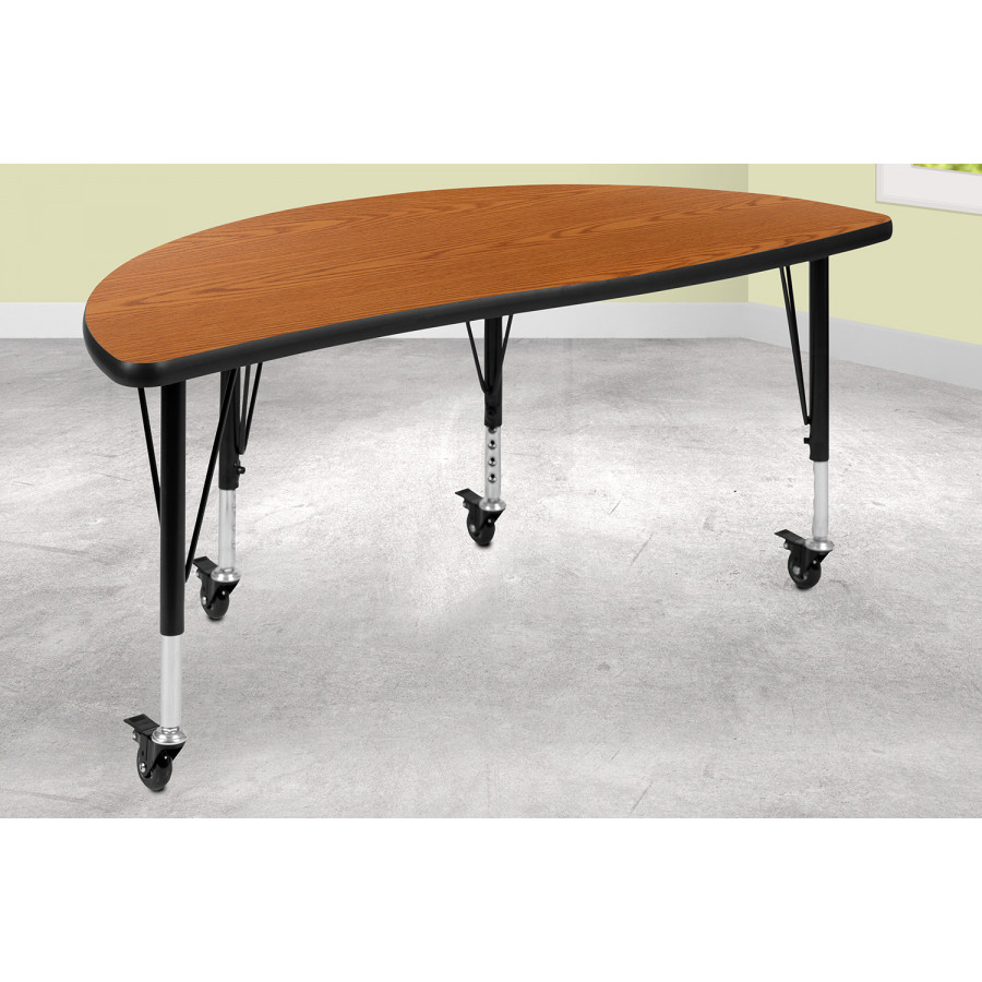 BLNK Wren Mobile Half Circle Thermal Laminate Wave Flexible Collaborative Activity Table - Oak, 47.5"D, with Short Height Adjustable Legs