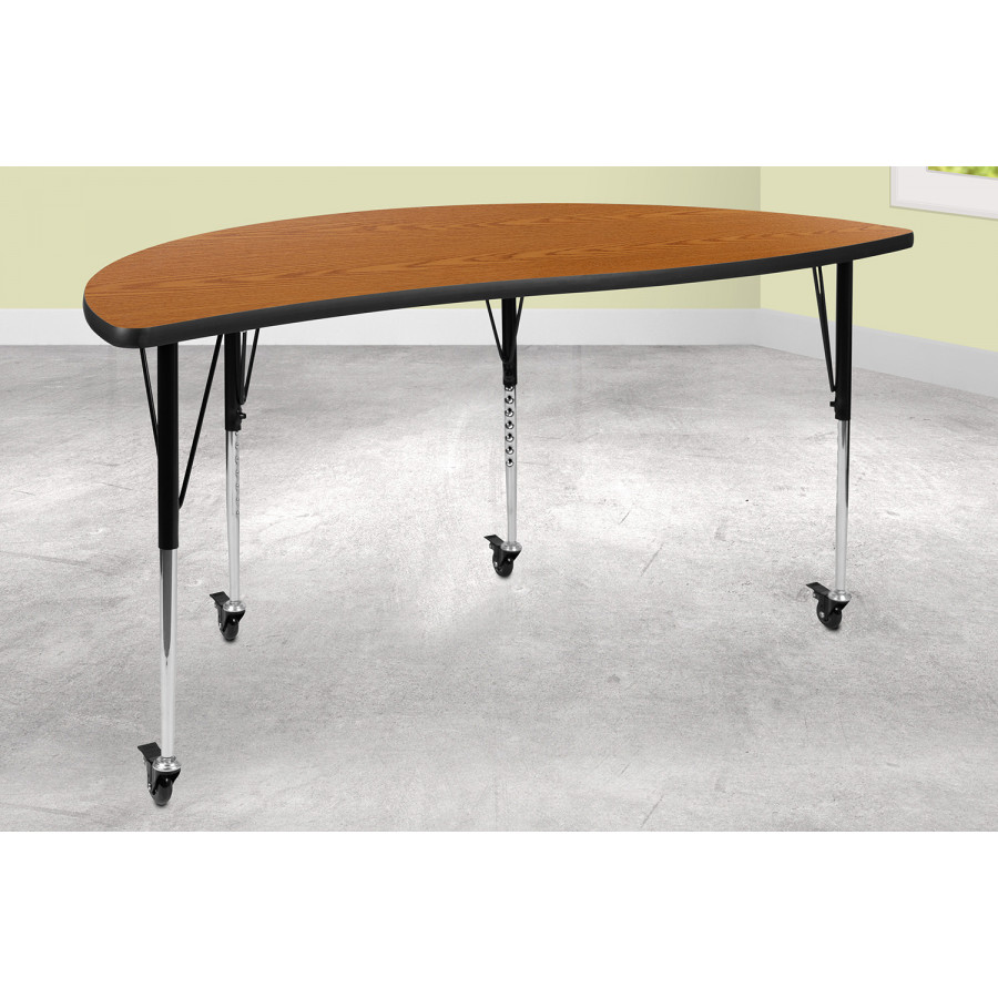 BLNK Wren Mobile Half Circle Thermal Laminate Wave Flexible Collaborative Activity Table - Oak, 60"D, with Standard Height Adjustable Legs