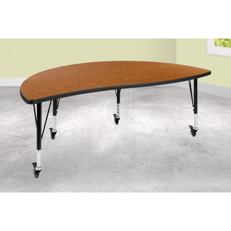 BLNK Wren Mobile Half Circle Thermal Laminate Wave Flexible Collaborative Activity Table - Oak, 60"D, with Short Height Adjustable Legs