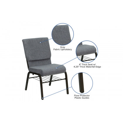 BLNK HERCULES Series Fabric Church Chair with Book Rack and Gold Vein Frame - Gray