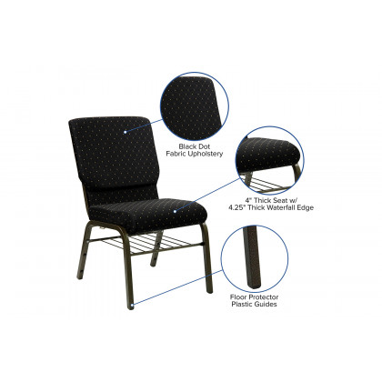 BLNK HERCULES Series Fabric Church Chair with Book Rack and Gold Vein Frame - Black Dot Patterned