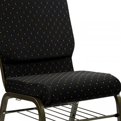 BLNK HERCULES Series Fabric Church Chair with Book Rack and Gold Vein Frame - Black Dot Patterned