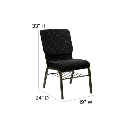 BLNK HERCULES Series Fabric Church Chair with Book Rack and Gold Vein Frame - Black Dot Patterned