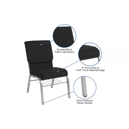 BLNK HERCULES Series Fabric Church Chair with Book Rack and Silver Vein Frame - Black