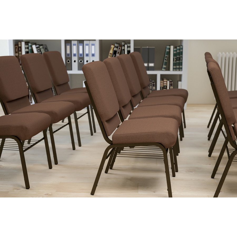 BLNK HERCULES Series Fabric Church Chair with Book Rack and Gold Vein Frame - Brown