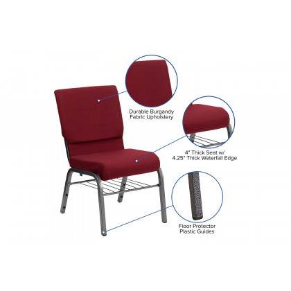 BLNK HERCULES Series Fabric Church Chair with Book Rack and Silver Vein Frame - Burgundy