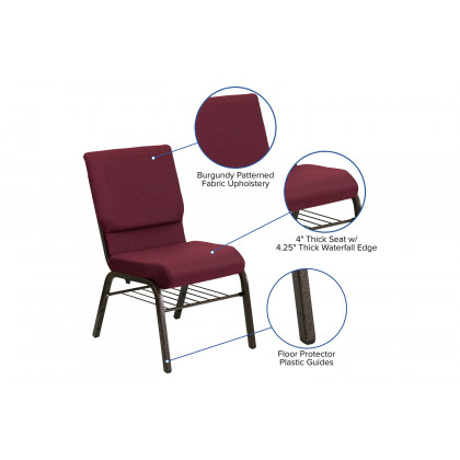 BLNK HERCULES Series Fabric Church Chair with Book Rack and Gold Vein Frame - Burgundy Patterned