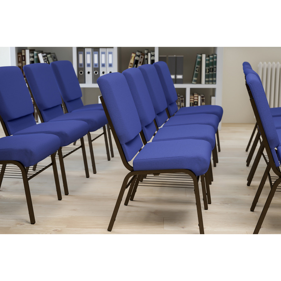BLNK HERCULES Series Fabric Church Chair with Book Rack and Gold Vein Frame - Navy Blue