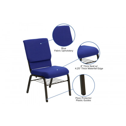 BLNK HERCULES Series Fabric Church Chair with Book Rack and Gold Vein Frame - Navy Blue