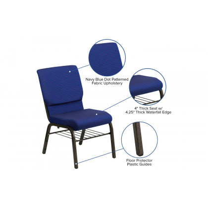 BLNK HERCULES Series Fabric Church Chair with Book Rack and Gold Vein Frame - Navy Blue Patterned